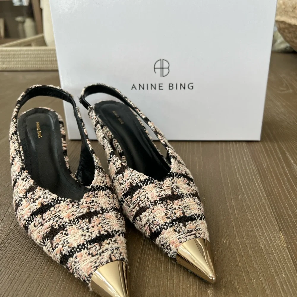 Anine Bing Nina Slingback Heels with Metal Toe in Black/Cream/Apricot Tweed - Picture 3 of 11